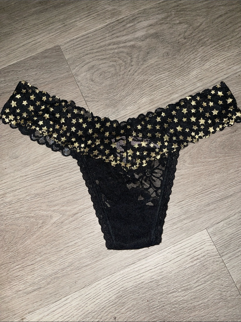 Victoria's Secret Black Lace Thong with Gold Star Accents